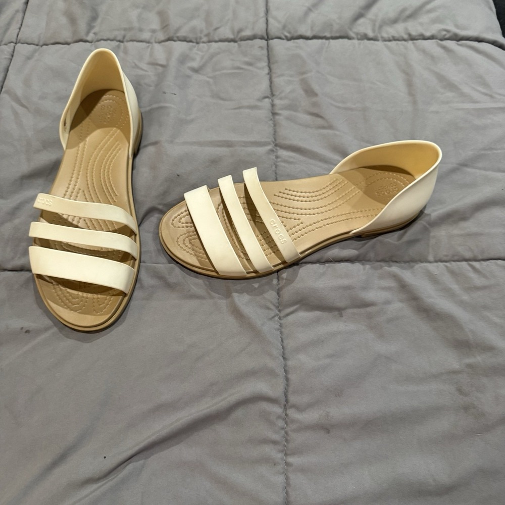Crocs Tulum Open Toe Sandal Flat Cream Tan Women 10 Casual Lightweight Strappy